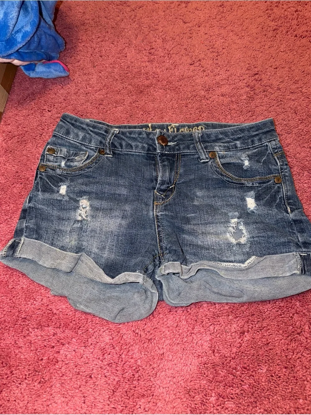 Wallflower Dark Blue Distressed Rolled-Hem Denim Shorts